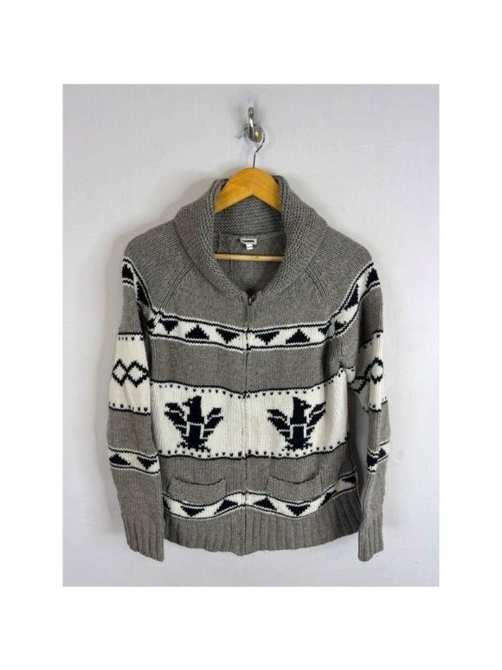 Kismet Women XL Cowichan Wool Blend Eagle Shawl Collar Zip Cardigan Sweater Grey